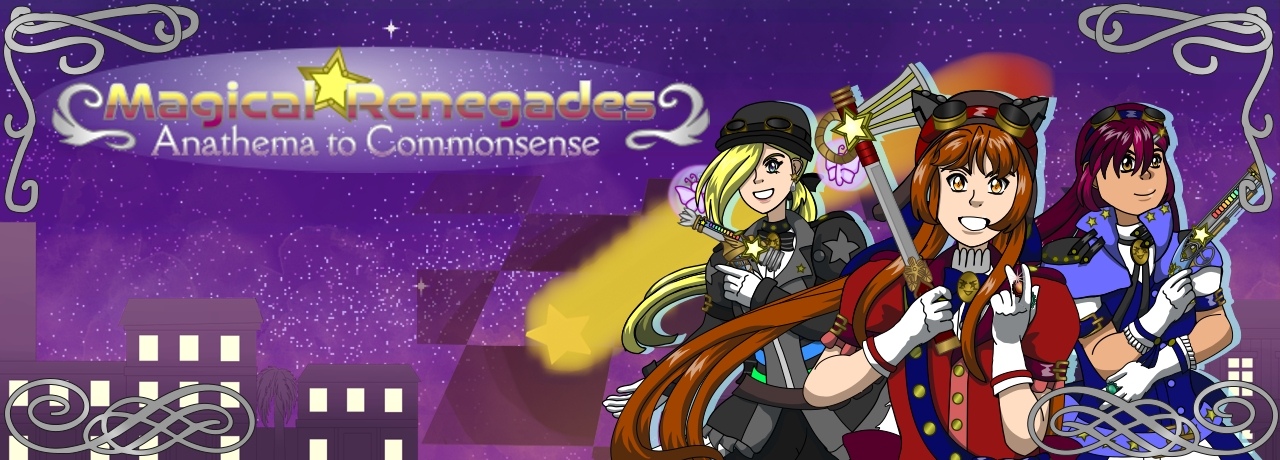 Image description: A banner for Magical Renegades. From left to right it shows Renegade Midnight Conductor, Renegade Threat Level Red Alert and Renegade Liberty. They are placed on the right side of the banner. Behind and to the left of them is a 3D modeled shooting star with a flaming trail. On the left side is a cityscape
